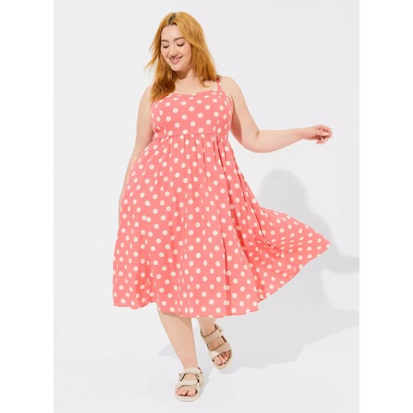 torrid Dresses & Skirts - Torrid Midi Challis Sweetheart Dress Peach & White Polka Dot Swing Dress sz 2 BC